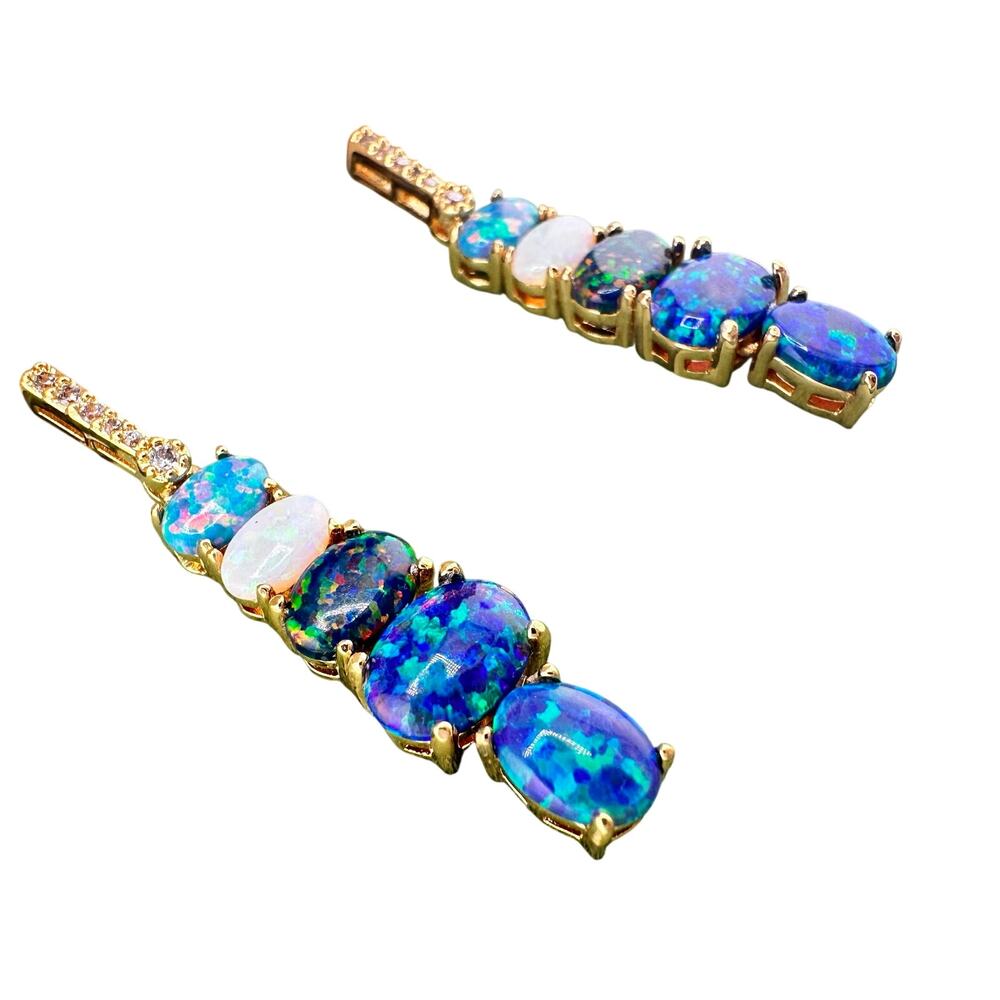 Simulated Opal Cabachons CZ Accents Prong Set Gold Tone Dangle 1.5" Earrings